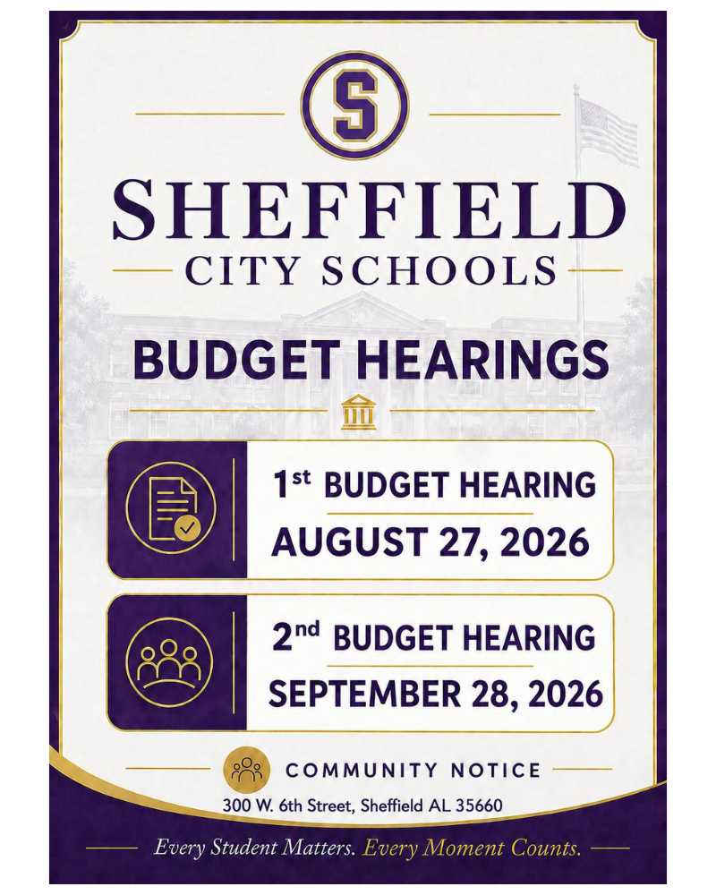 Sheffield City Schools Budget hearing notices for August 27, 2026 and September 28, 2026.
